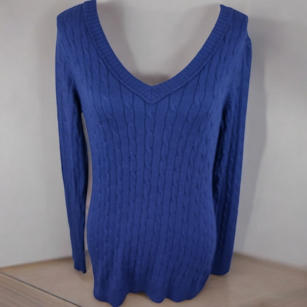 ann taylor loft Blue Women's V Neck Sweater Size Large Chain Lock Knitted Style